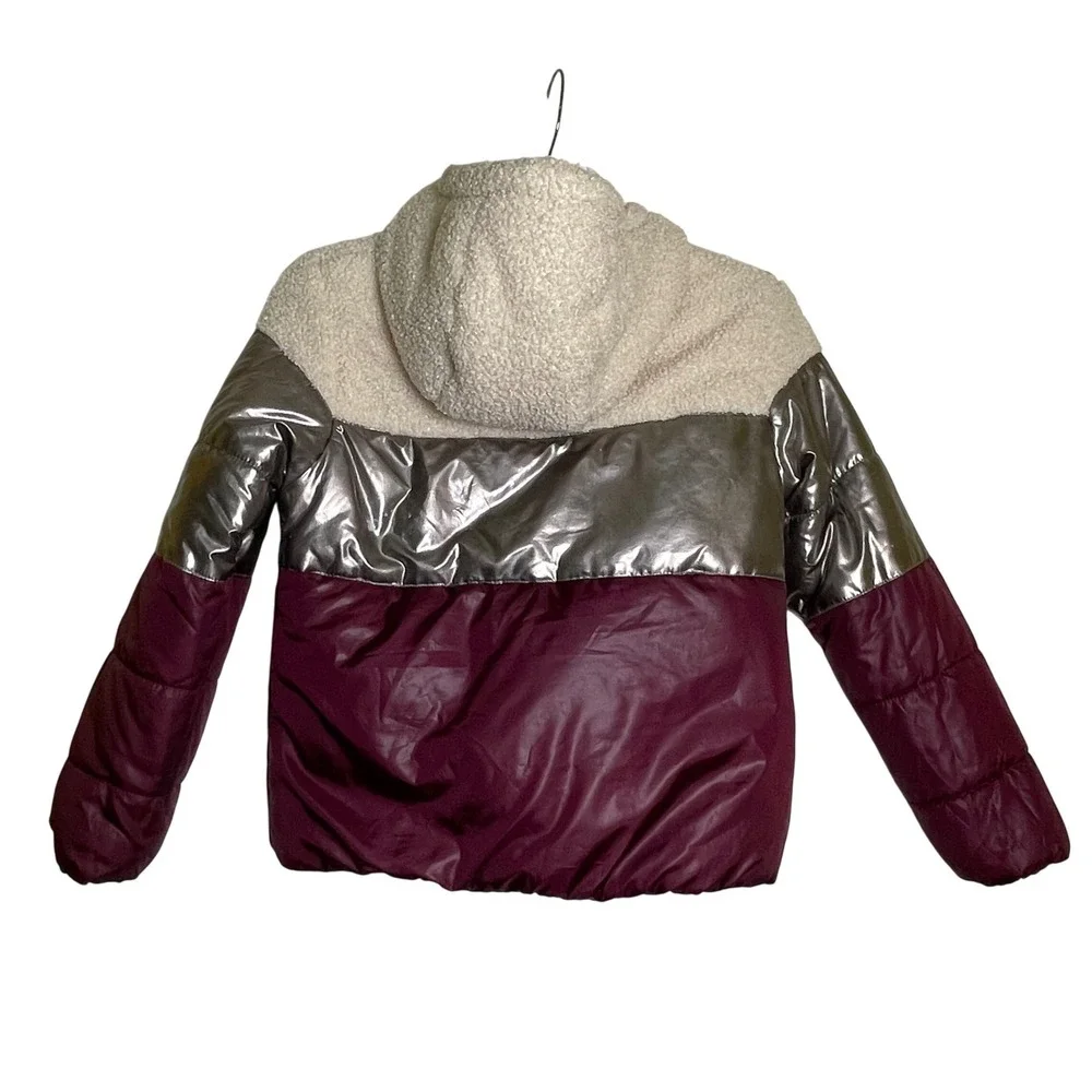 Rothschild Girls Puffer Jacket Hooded Metallic Burgundy Cream Size‎ M 10 12